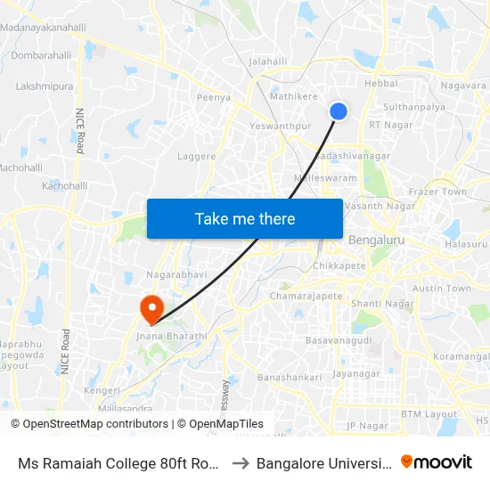 Ms Ramaiah College 80ft Road to Bangalore University map