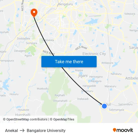 Anekal to Bangalore University map