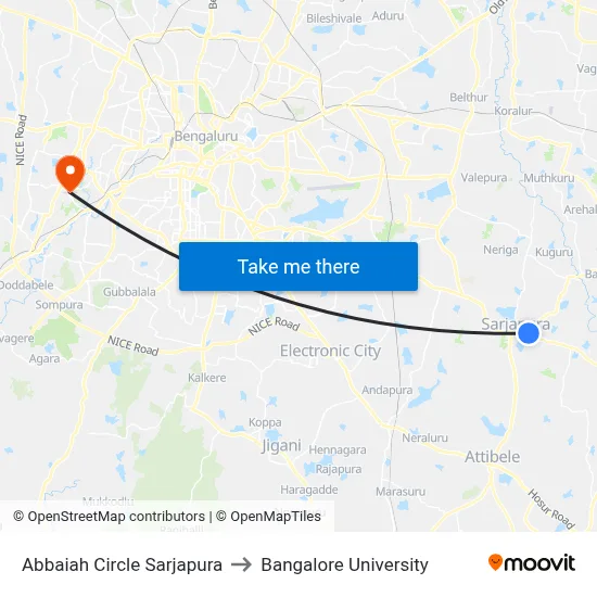 Abbaiah Circle Sarjapura to Bangalore University map