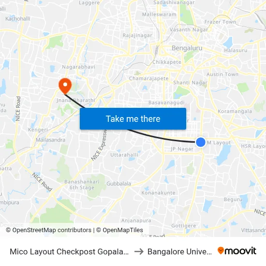 Mico Layout Checkpost Gopalan Mall to Bangalore University map