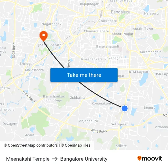 Meenakshi Temple to Bangalore University map
