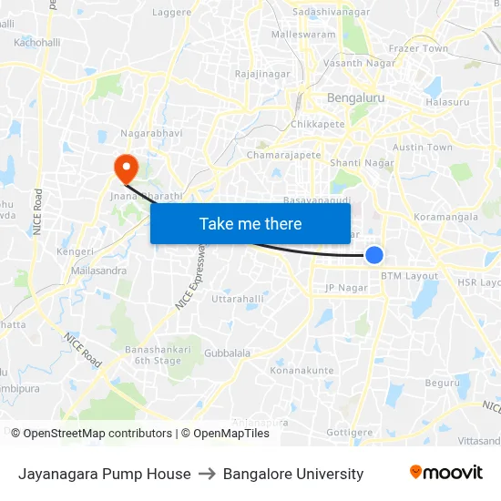Jayanagara Pump House to Bangalore University map