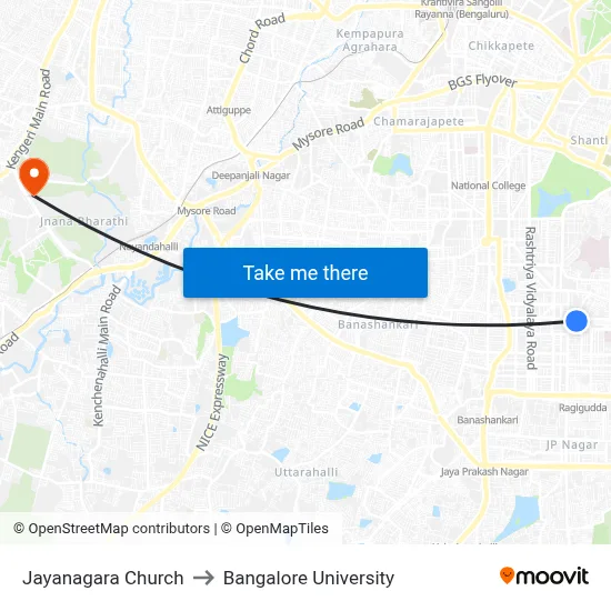 Jayanagara Church to Bangalore University map