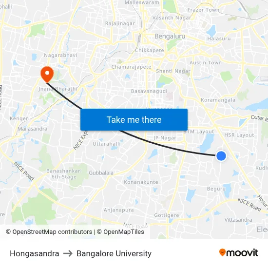 Hongasandra to Bangalore University map
