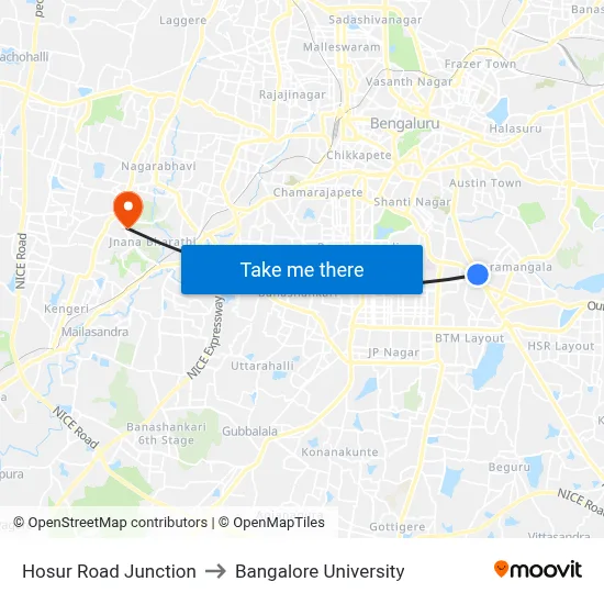 Hosur Road Junction to Bangalore University map