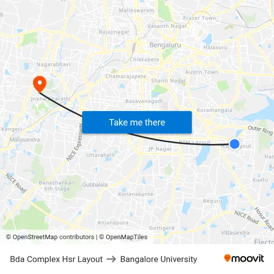 Bda Complex Hsr Layout to Bangalore University map