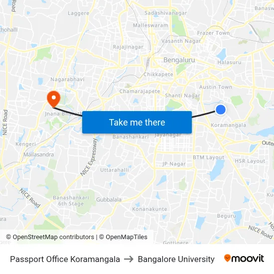 Passport Office Koramangala to Bangalore University map