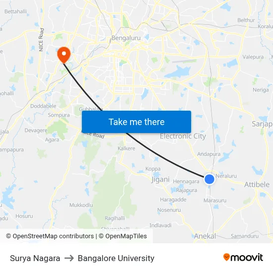 Surya Nagara to Bangalore University map
