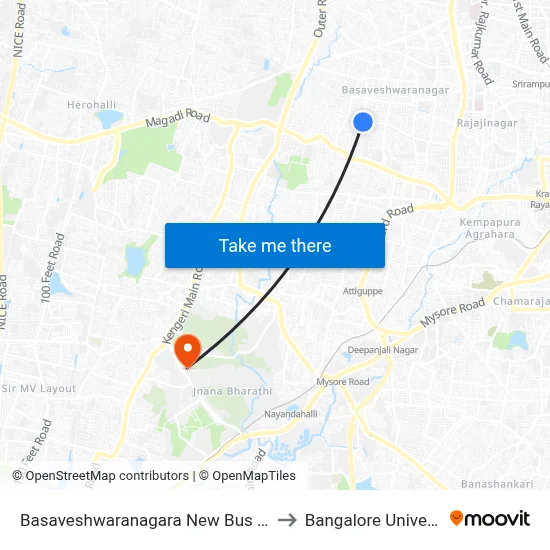 Basaveshwaranagara New Bus Stand to Bangalore University map