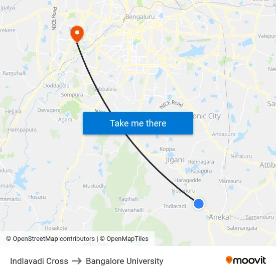 Indlavadi Cross to Bangalore University map