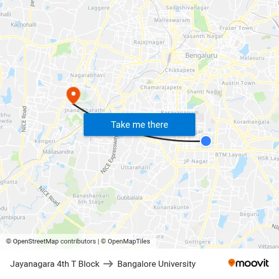 Jayanagara 4th T Block to Bangalore University map