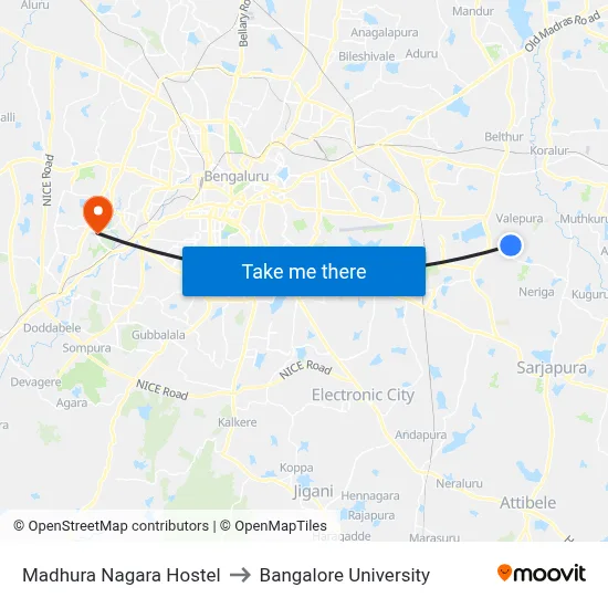 Madhura Nagara Hostel to Bangalore University map