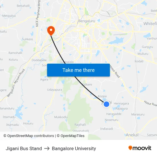 Jigani Bus Stand to Bangalore University map