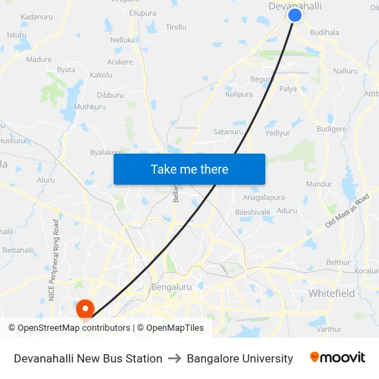 Devanahalli New Bus Station to Bangalore University map