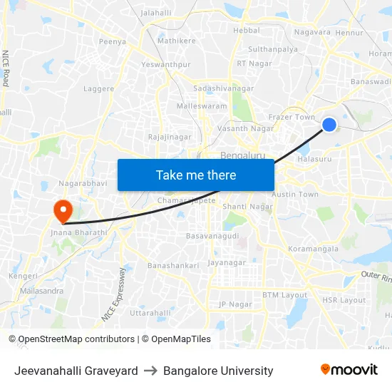 Jeevanahalli Graveyard to Bangalore University map