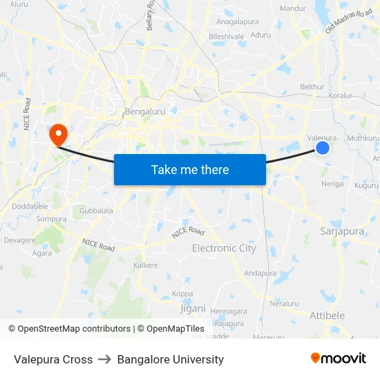 Valepura Cross to Bangalore University map