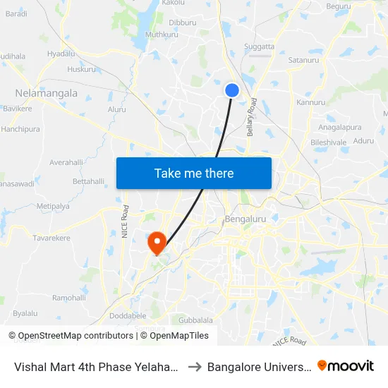 Vishal Mart 4th Phase Yelahanka to Bangalore University map