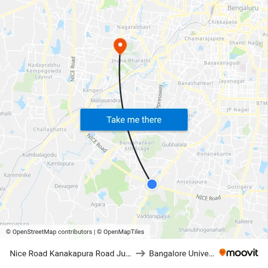 Nice Road Kanakapura Road Junction to Bangalore University map