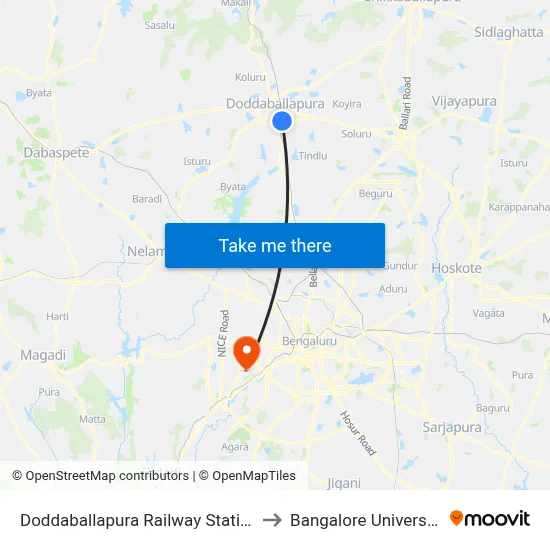 Doddaballapura Railway Station to Bangalore University map