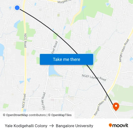 Yale Kodigehalli Colony to Bangalore University map