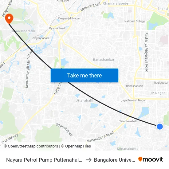 Nayara Petrol Pump Puttenahalli Lake to Bangalore University map