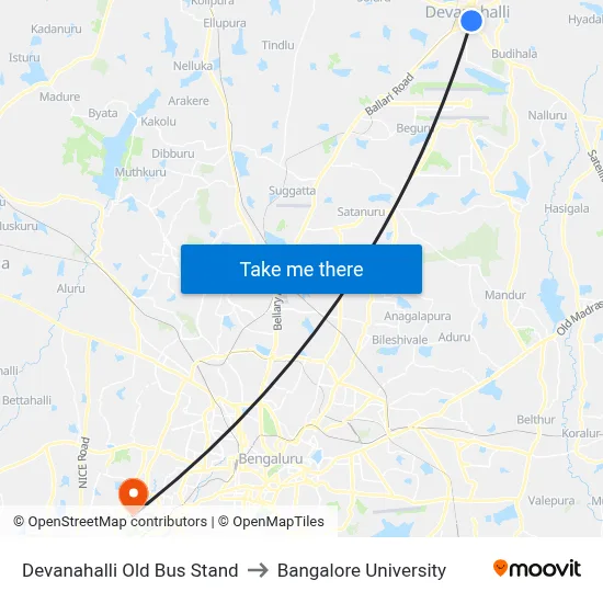 Devanahalli Old Bus Stand to Bangalore University map