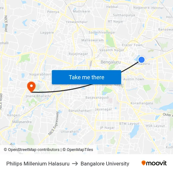 Philips Millenium Halasuru to Bangalore University map