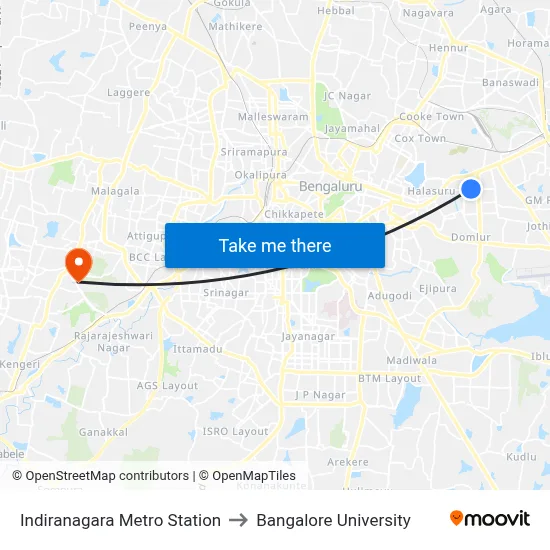 Indiranagara Metro Station to Bangalore University map