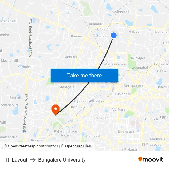 Iti Layout to Bangalore University map