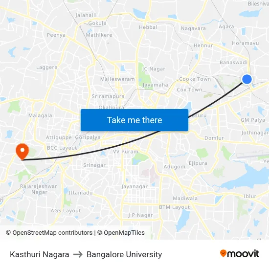 Kasthuri Nagara to Bangalore University map
