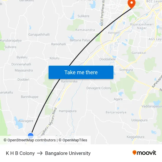 K H B Colony to Bangalore University map