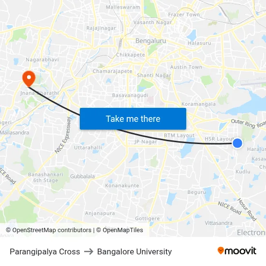 Parangipalya Cross to Bangalore University map