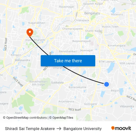 Shiradi Sai Temple Arakere to Bangalore University map