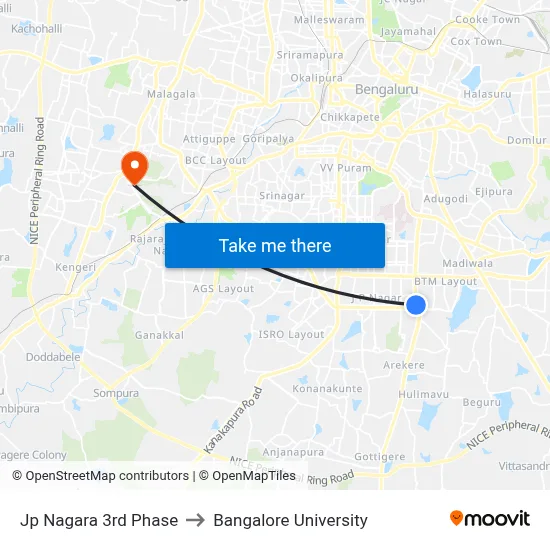 Jp Nagara 3rd Phase to Bangalore University map