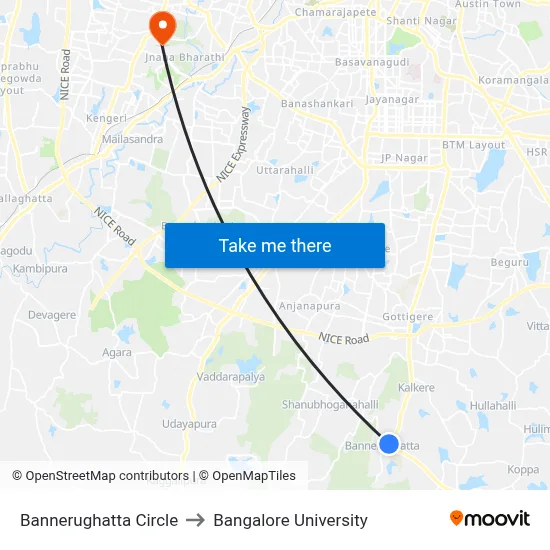 Bannerughatta Circle to Bangalore University map