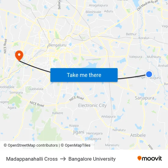 Madappanahalli Cross to Bangalore University map