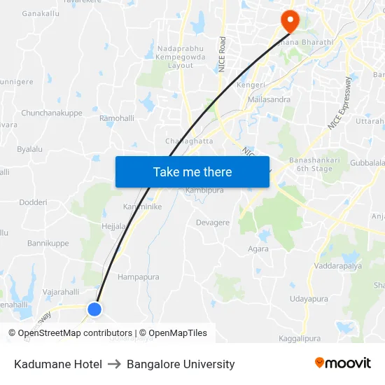 Kadumane Hotel to Bangalore University map