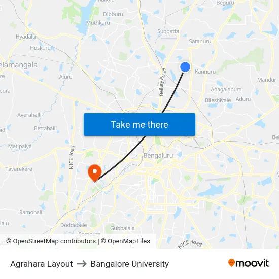 Agrahara Layout to Bangalore University map