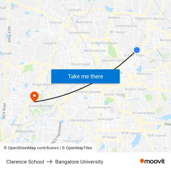 Clarence School to Bangalore University map