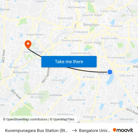 Kuvempunagara Bus Station (Btm Layout) to Bangalore University map