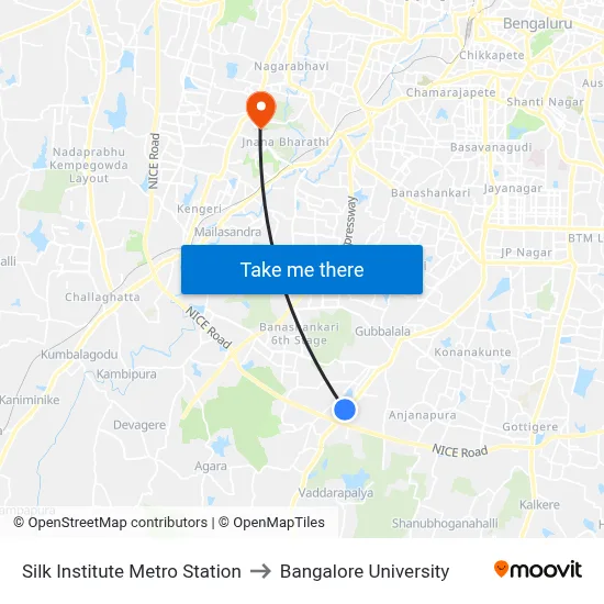 Silk Institute Metro Station to Bangalore University map