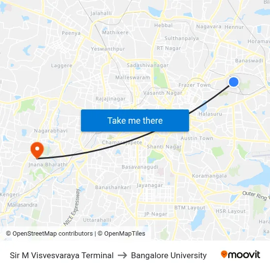 Sir M Visvesvaraya Terminal to Bangalore University map