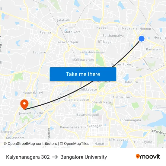 Kalyananagara 302 to Bangalore University map