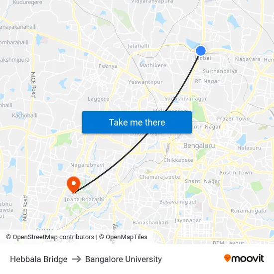 Hebbala Bridge to Bangalore University map