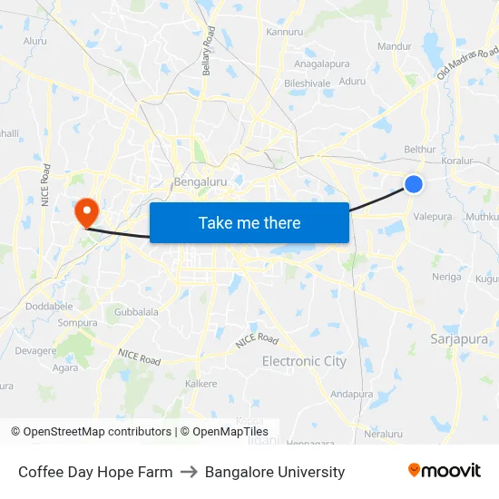 Coffee Day Hope Farm to Bangalore University map