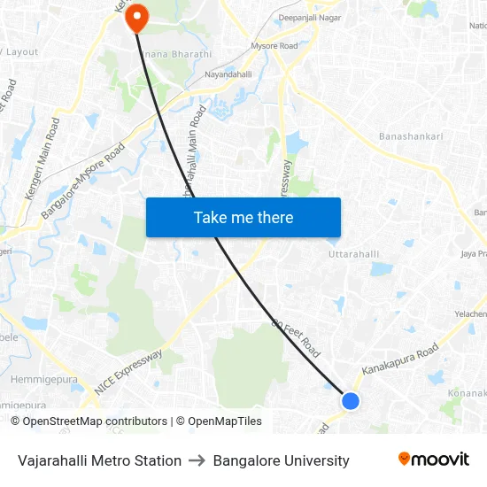 Vajarahalli Metro Station to Bangalore University map