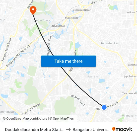 Doddakallasandra Metro Station to Bangalore University map