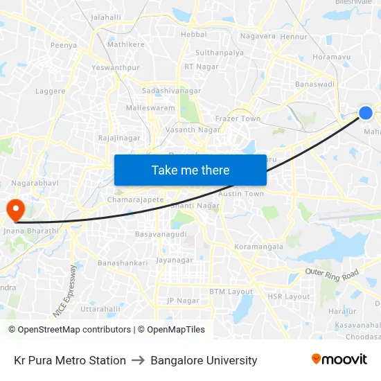 Kr Pura Metro Station to Bangalore University map