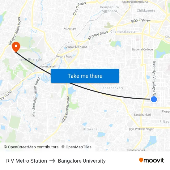 R V Metro Station to Bangalore University map