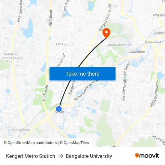 Kengeri Metro Station to Bangalore University map